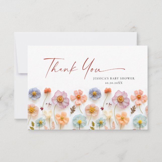 Pastel Pink Bohemian Wildflower Baby Shower Thank You Card (Front)