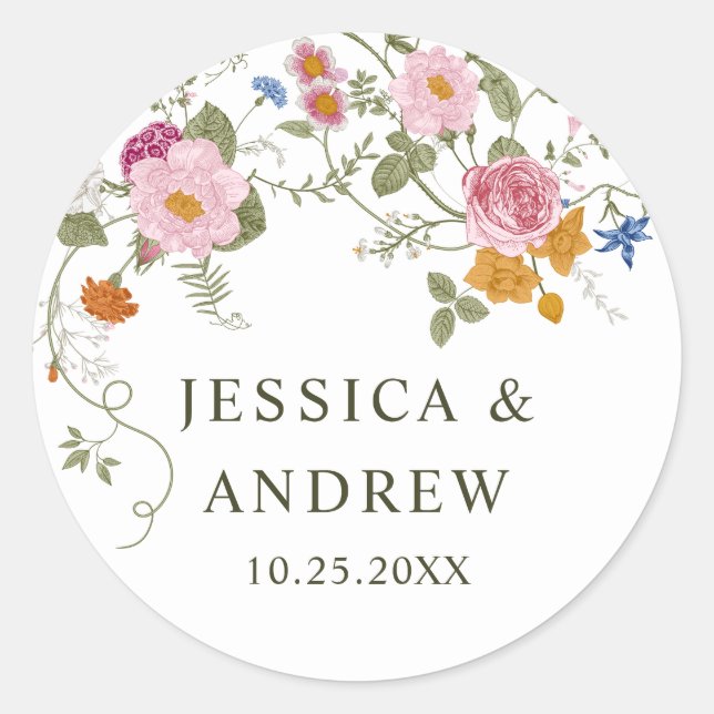 Pastel Pink Bohemian Wildflowers Wedding  Classic Round Sticker (Front)