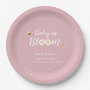 Pastel Pink Boho Daisy Floral Baby In Bloom Shower Paper Plate