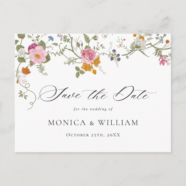 Pastel Pink Boho Floral Wildflower Save the Date Postcard (Front)