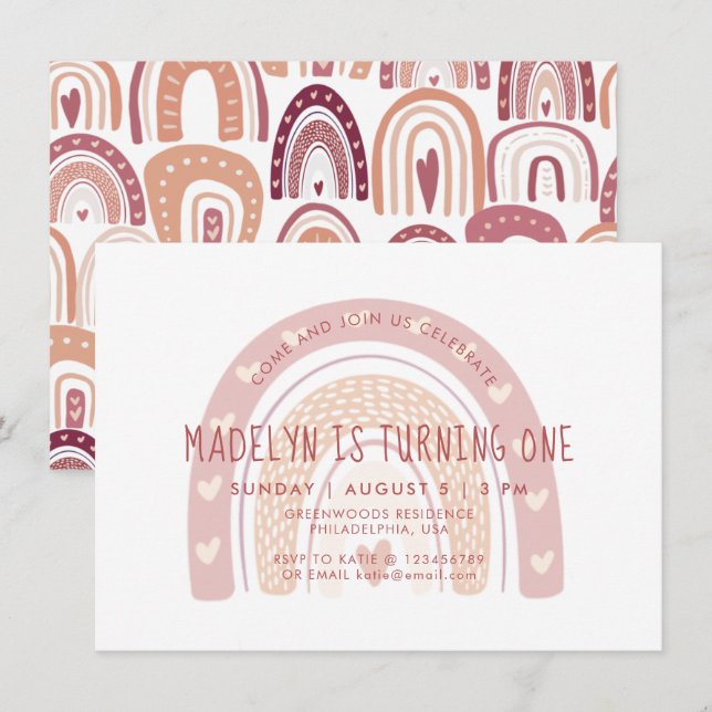 Pastel Pink Boho Rainbow First Birthday Invitation (Front/Back)