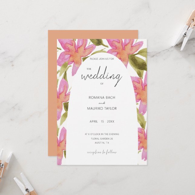 Pastel Pink Boho Watercolor Flowers Invitation (Front/Back In Situ)