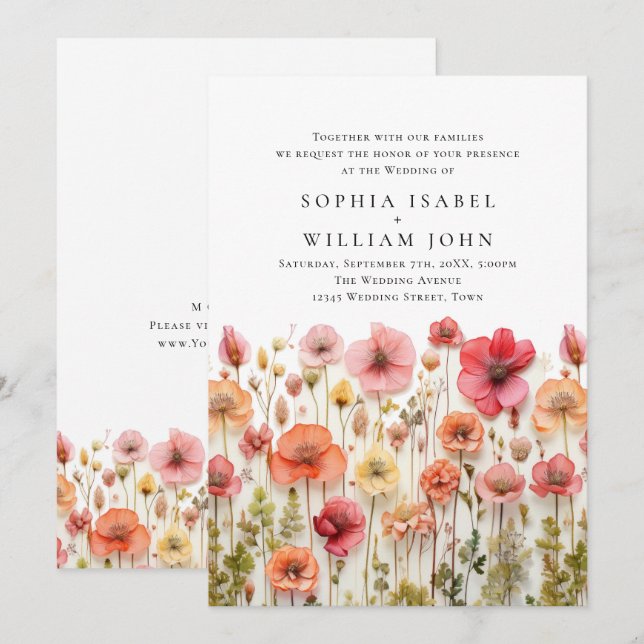 Pastel Pink Boho Wild Flowers Wedding Invitation (Front/Back)