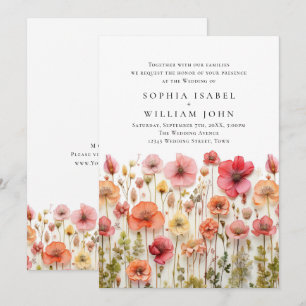Pastel Pink Boho Wild Flowers Wedding Invitation