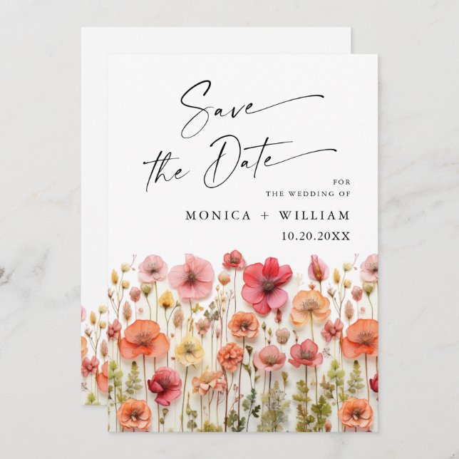 Pastel Pink Boho Wild Flowers Wedding QR code Save The Date (Front/Back)