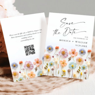 Pastel Pink Boho Wild Flowers Wedding QR code Save The Date