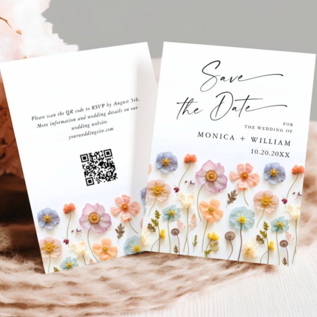 Pastel Pink Boho Wild Flowers Wedding QR code Save The Date (Creator Uploaded)