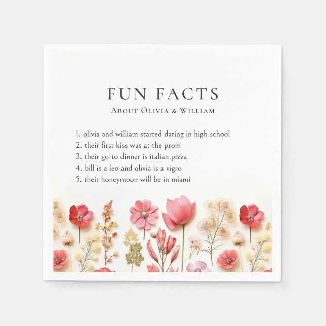 Pastel Pink Boho Wildflower Fun Facts Wedding Napkin (Front)