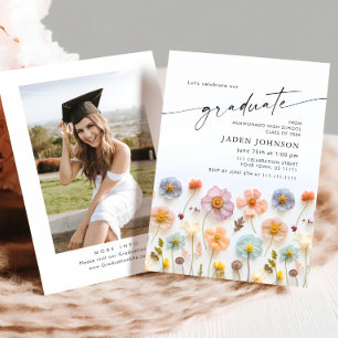 Pastel Pink Boho Wildflower Graduation Party Photo Invitation