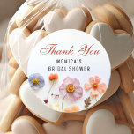 Pastel Pink Boho Wildflowers Bridal Shower Classic Round Sticker<br><div class="desc">For further customisation,  please click the "Personalise this template",  then "Edit using Design Tool". Stylish editable easy to use wedding templates,  more items available in the store (invitations,  rsvp,  thank you cards,  stationery & decor). If you need help or matching items,  please contact me.</div>