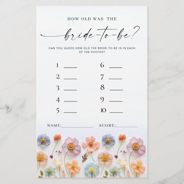 Pastel Pink Boho Wildflowers Bridal Shower Game (Front)