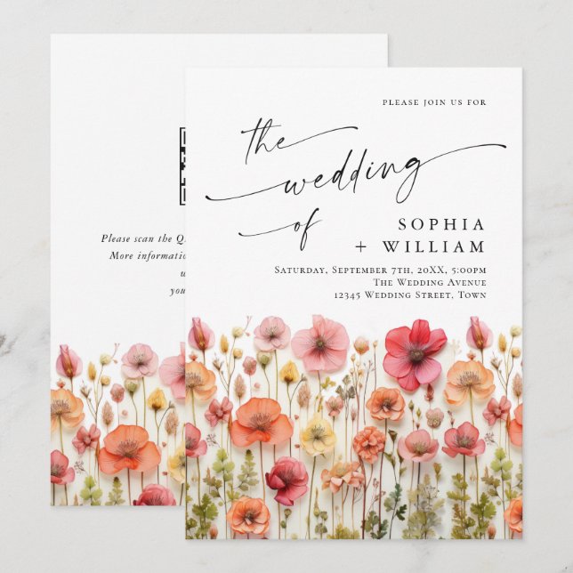 Pastel Pink Boho Wildflowers Wedding QR code Invitation (Front/Back)