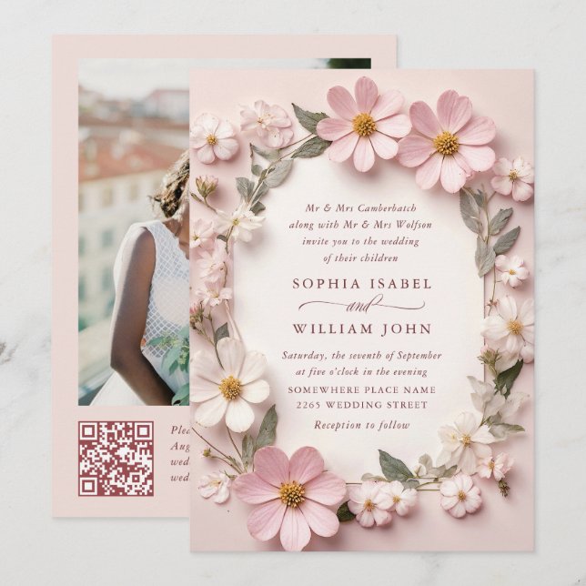 Pastel Pink Boho Wildflowers Wedding QR code Photo Invitation (Front/Back)