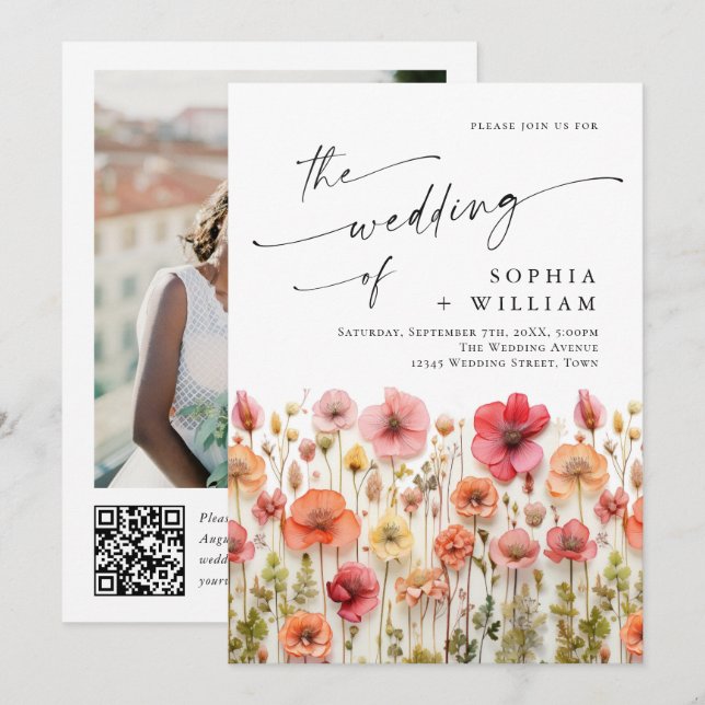 Pastel Pink Boho Wildflowers Wedding QR code Photo Invitation (Front/Back)