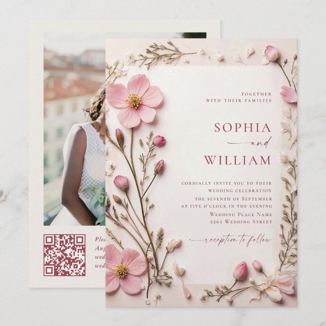 Pastel Pink Boho Wildflowers Wedding QR code Photo Invitation (Front/Back)