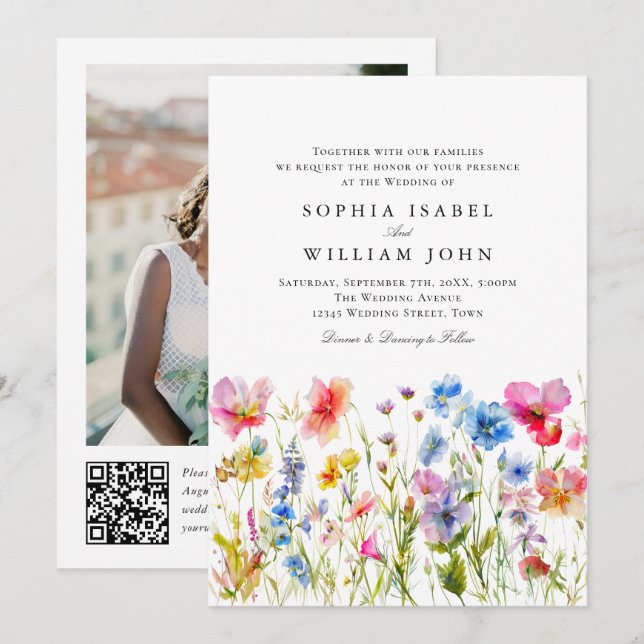 Pastel Pink Boho Wildflowers Wedding QR code Photo Invitation (Front/Back)