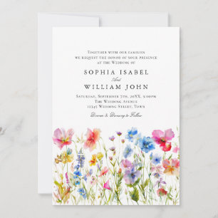 Pastel Pink Boho Wildflowers Wedding QR code Photo Invitation