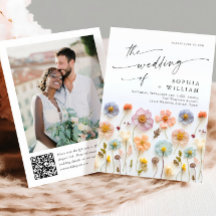 Pastel Pink Boho Wildflowers Wedding QR code Photo