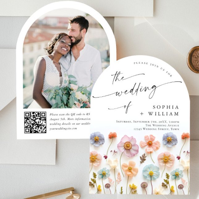 Pastel Pink Boho Wildflowers Wedding QR code Photo Invitation (Creator Uploaded)