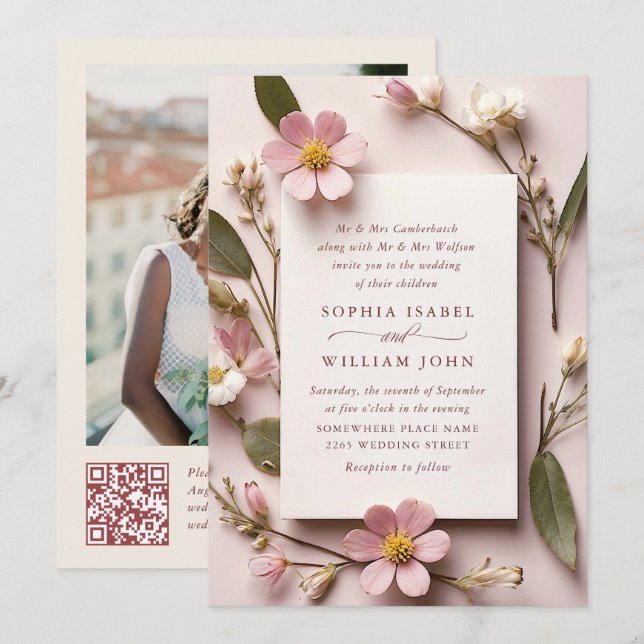 Pastel Pink Boho Wildflowers Wedding QR code Photo Invitation (Front/Back)