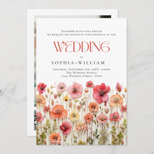 Pastel Pink Boho Wildflowers Wedding QR code Photo Invitation (Front/Back)