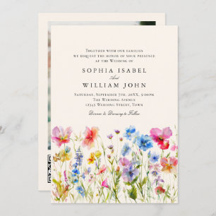 Pastel Pink Boho Wildflowers Wedding QR code Photo Invitation