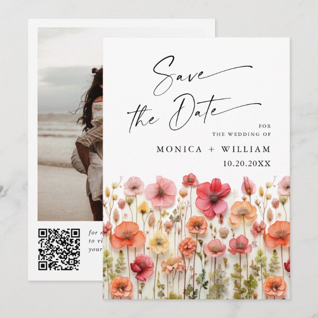 Pastel Pink Boho Wildflowers Wedding QR code Photo Save The Date (Front/Back)