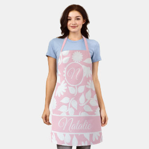 Pastel pink bold floral - monogrammed apron