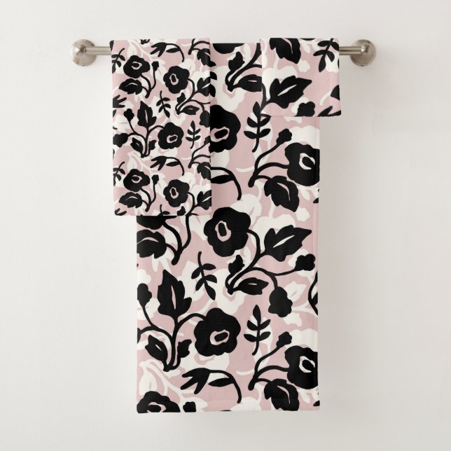 Pastel Pink Botanical Plants Modern Floral Name Bath Towel Set (Insitu)