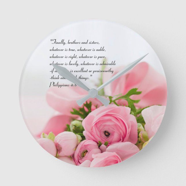 Pastel Pink Bouquet of Flowers Bible Verse Round Clock (Front)