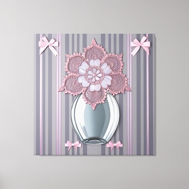  Pastel Pink Bow and Lace Flower Vase Canvas Print (Front)