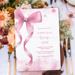 Pastel Pink Bow Baby Girl 1st Birthday Aesthetic Invitation