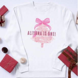 Pastel Pink Bow Christmas Tree 1st Birthday Baby T-Shirt