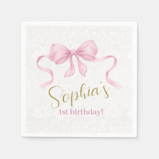 Pastel Pink Bow & Elegant Gold Script Birthday Napkin