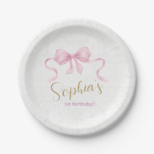 Pastel Pink Bow & Elegant Gold Script Birthday Paper Plate