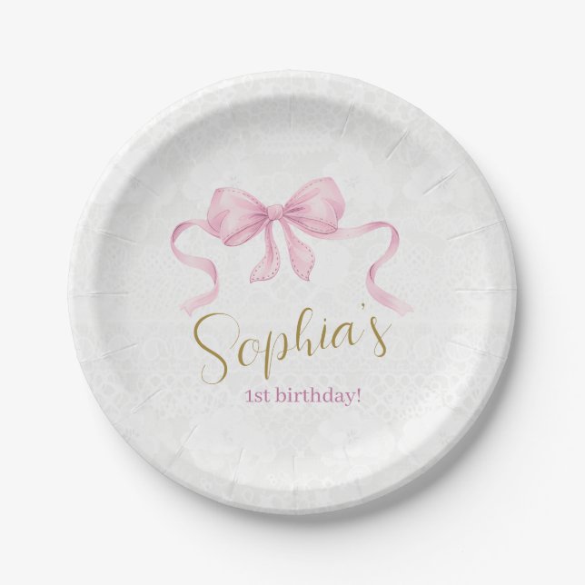 Pastel Pink Bow & Elegant Gold Script Birthday Paper Plate (Front)