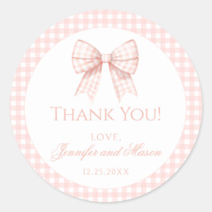 Pastel pink bow gingham baby shower thank you classic round sticker