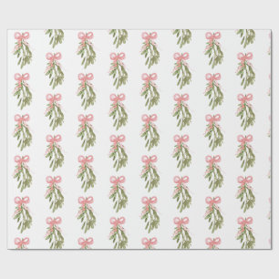 Pastel Pink Bow on Christmas Mistletoe Gift Wrapping Paper