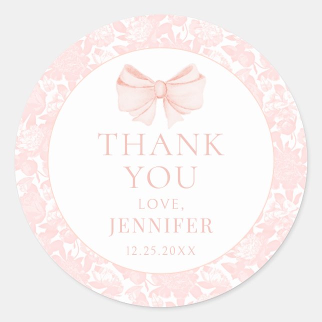 Pastel pink bow preppy baby girl shower thank you classic round sticker (Front)