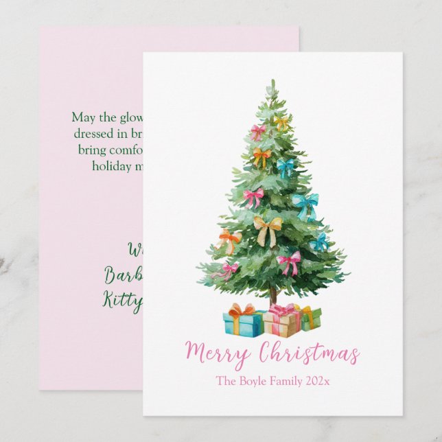 Pastel Pink Bows Christmas Tree Holiday Card (Front/Back)
