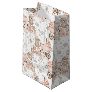 PASTEL PINK & BROWN BABY BLOCKS BEARS PRAMS SMALL GIFT BAG