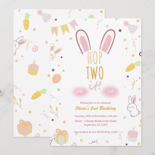 Pastel Pink Bunny 2nd Birthday Hop Two It Invite (Front/Back)