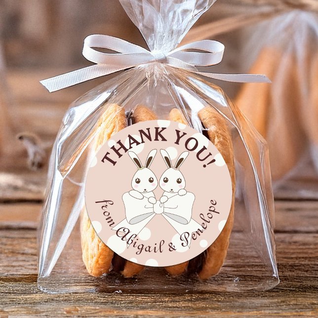 Pastel Pink Bunny Girl Twin Baby Shower / Birthday Classic Round Sticker (Creator Uploaded)