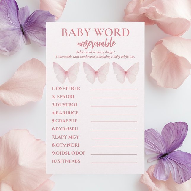 "Pastel Pink Butterfly Baby Shower Word Unscramble Flyer (Creator Uploaded)