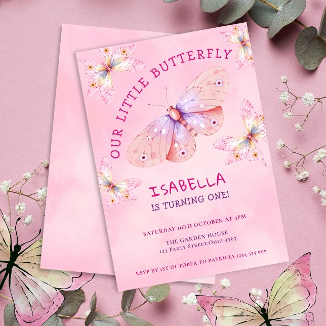 Pastel Pink Butterfly Theme Girl's 1st Birthday  Invitation (Pastel Pink Butterfly Theme Girl's 1st Birthday Invitation
)