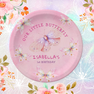 Pastel Pink Butterfly Theme Girl's 1st Birthday Paper Plate