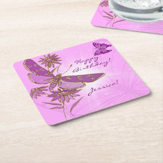 Pastel Pink Butterfly Throw Pillow Square Paper Coaster (Angled)