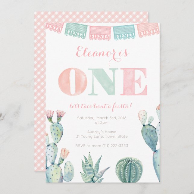 Pastel Pink Cactus 1st Birthday Fiesta Party Invitation (Front/Back)