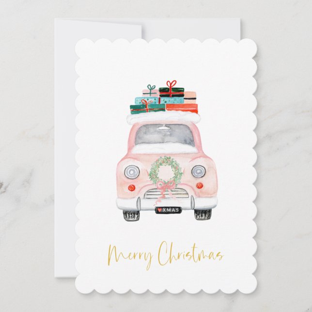 Pastel Pink Car Farmhouse Check Merry Christmas Holiday Card (Front)