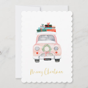 Pastel Pink Car Farmhouse Check Merry Christmas Holiday Card
